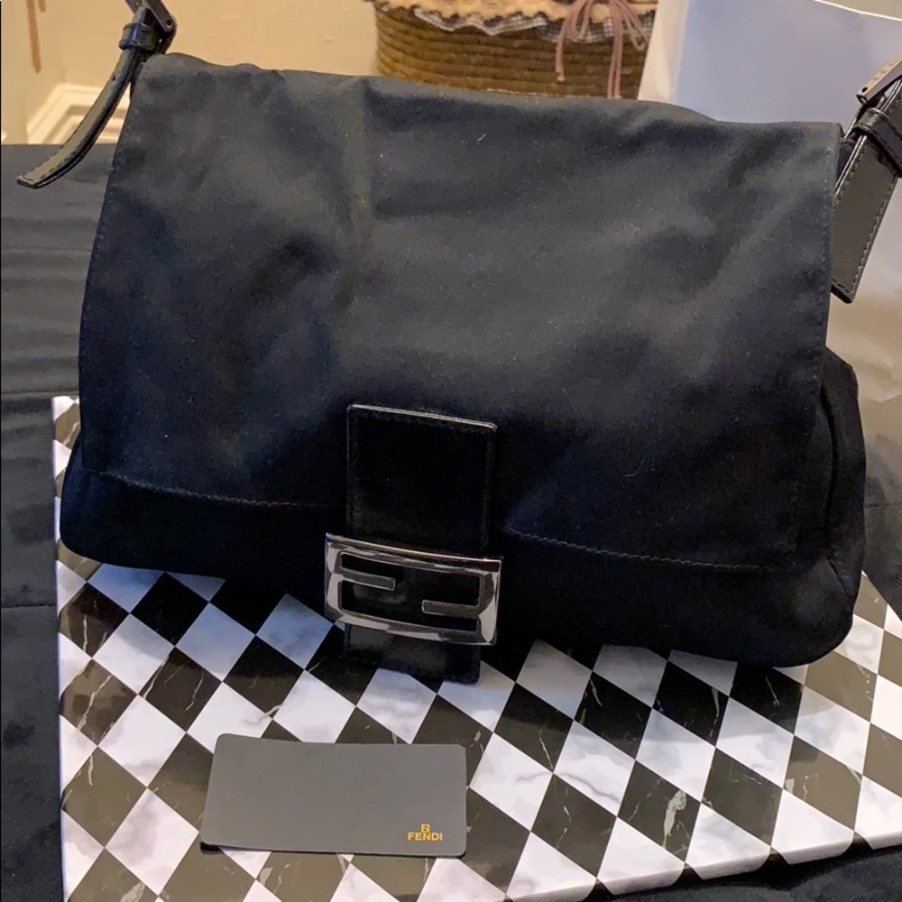 Authentic Fendi Logo Black Zucca Mama Forever Shoulder Bag Handbag Silver Buckle